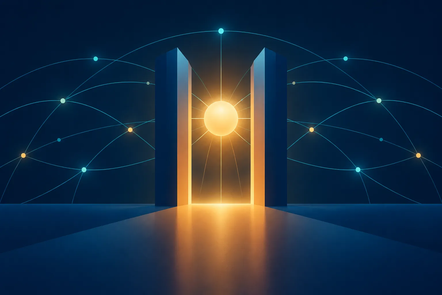 An abstract glowing node behind two symmetrical geometric pillars, representing licensing and structural legitimacy