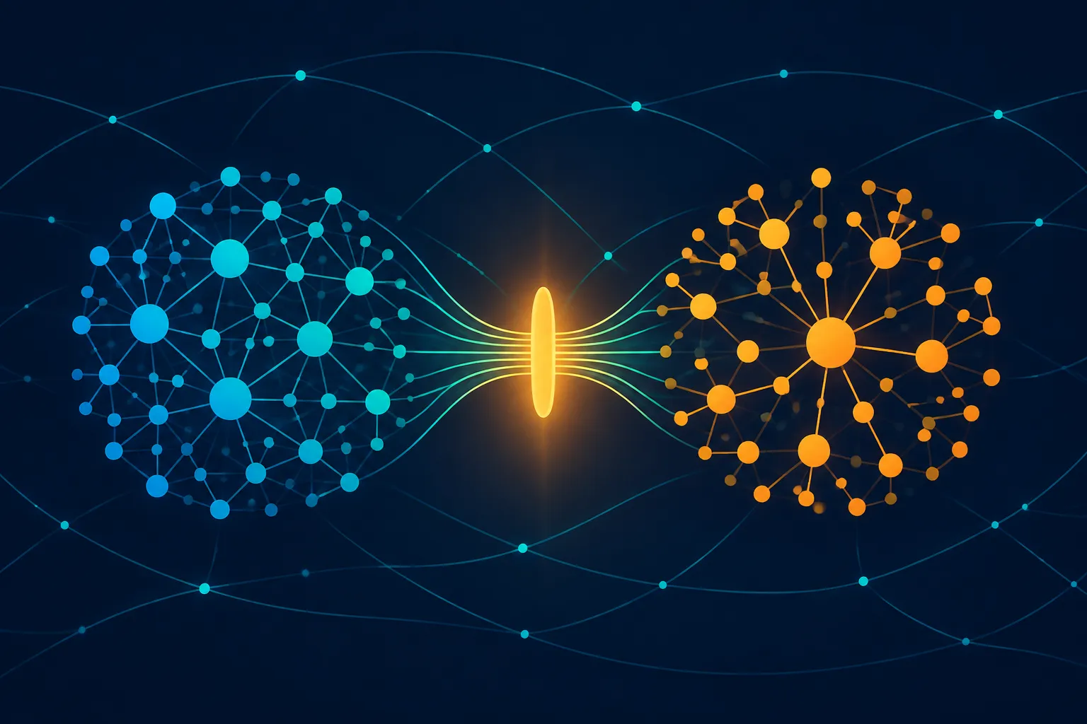 Two similarly sized abstract node clusters with distinct internal structure converging toward one shared access point, representing Polymarket and Kalshi accessed through a single broker account