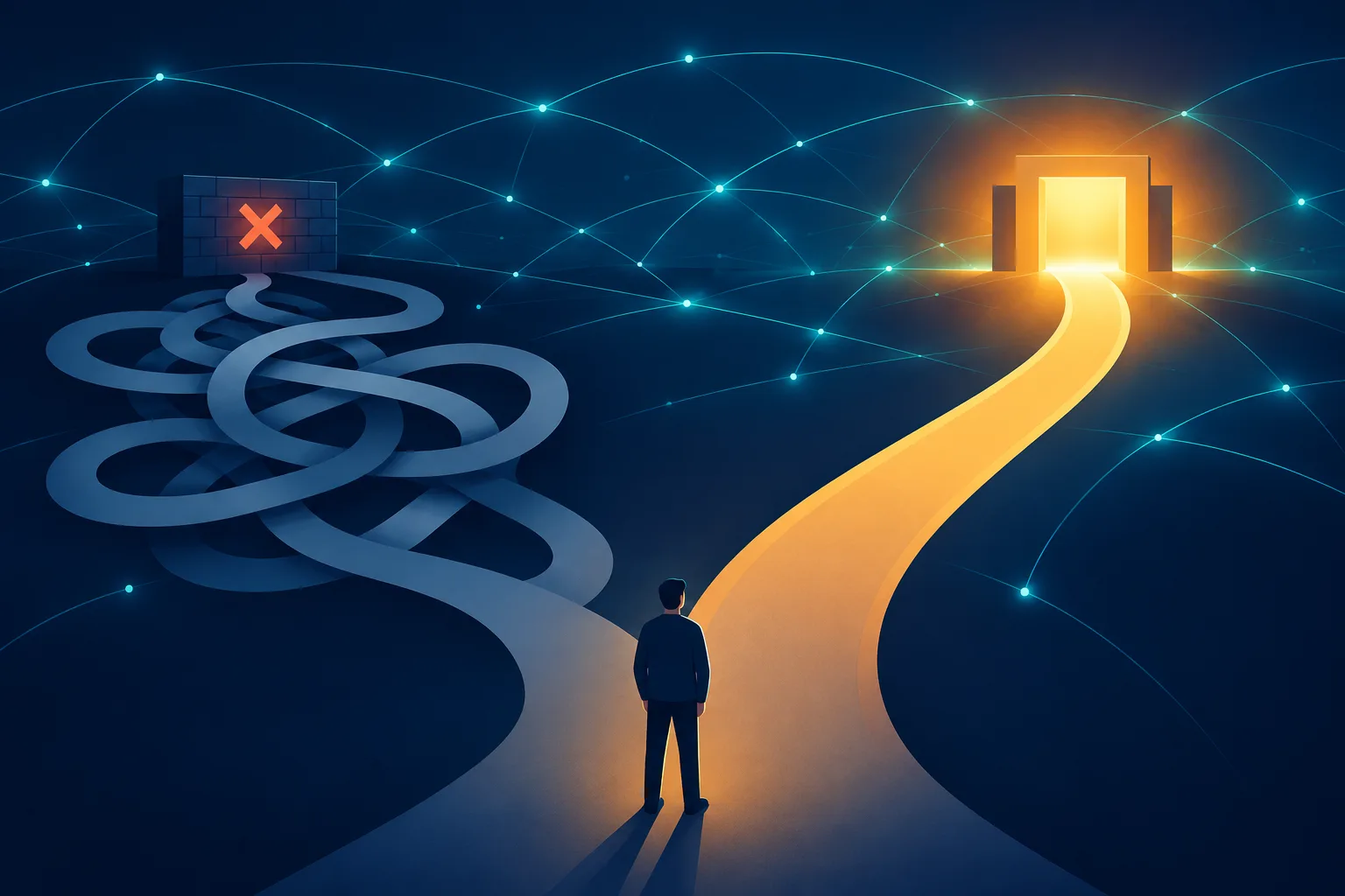 Illustration contrasting a tangled dead-ending path representing a blocked VPN route with a clean direct path reaching a glowing destination representing broker access
